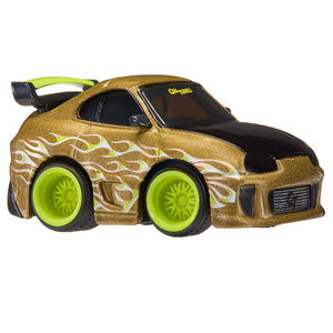 Gold, sparkle metal car, black hood with white and green flame decal along the side. Lime green rims, lime green and black spoiler with “CarTuned” decal on windshield on a white background