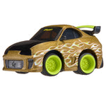 Gold, sparkle metal car, black hood with white and green flame decal along the side. Lime green rims, lime green and black spoiler with “CarTuned” decal on windshield on a white background