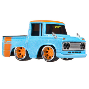 Light Blue, white speckled vintage truck with orange accents and orange rims  with 'CarTuned' in yellow on the windshield on a white background