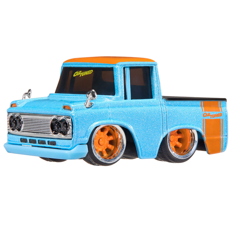 Light Blue, vintage truck with orange accents, silver mirrors on hood, with 'CarTuned' in yellow on the windshield on a white background