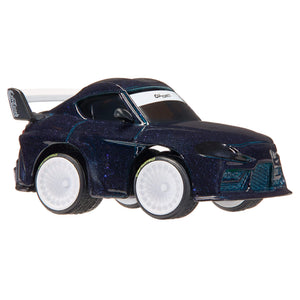 Purple speckled toy car with white rims, black and white spoiler with white stripe on windshield with text 'CarTuned' on a white background