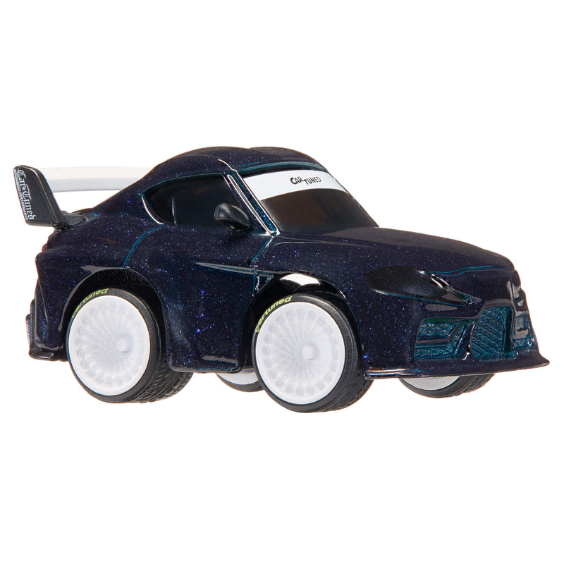 Purple speckled toy car with white rims, black and white spoiler with white stripe on windshield with text 'CarTuned' on a white background