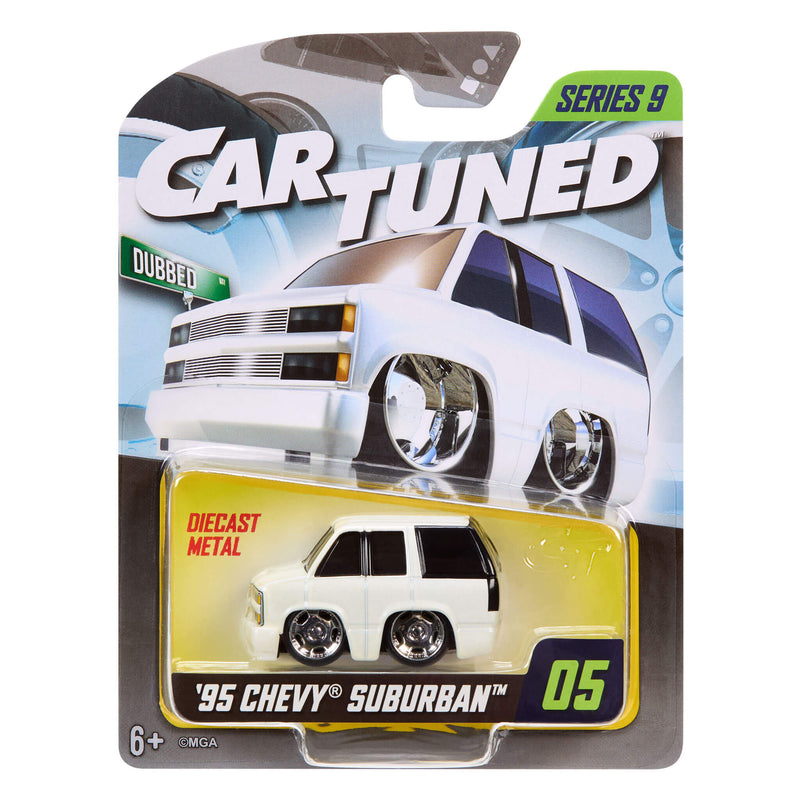 Packaged '95 Chevy Suburban' diecast model car with 'Car Tuned' branding.