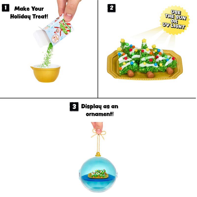 Three squares; one 'Make your holiday treat' hand pouring cereal into a yellow bowl, two green decorated Christmas trees on a gold platter with yellow burst "Use the Sun or UV ight' in top righthand corner, three Trees inside a ball with text 'display as an ornament' 