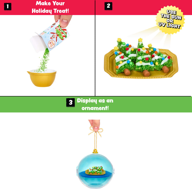 Three-panel instruction graphic showing how to make a holiday treat and display it as an ornament. Step 1 shows a hand pouring green candy from a small box into a yellow bowl.