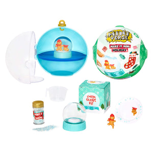 Mini snow globe, mini gingerbread man, mini measuring cup, mini bottle of glitter with text 'Make it Snow'. Packaging ball with logo 'Miniverse' and 'Make it mini Holiday' on a white background