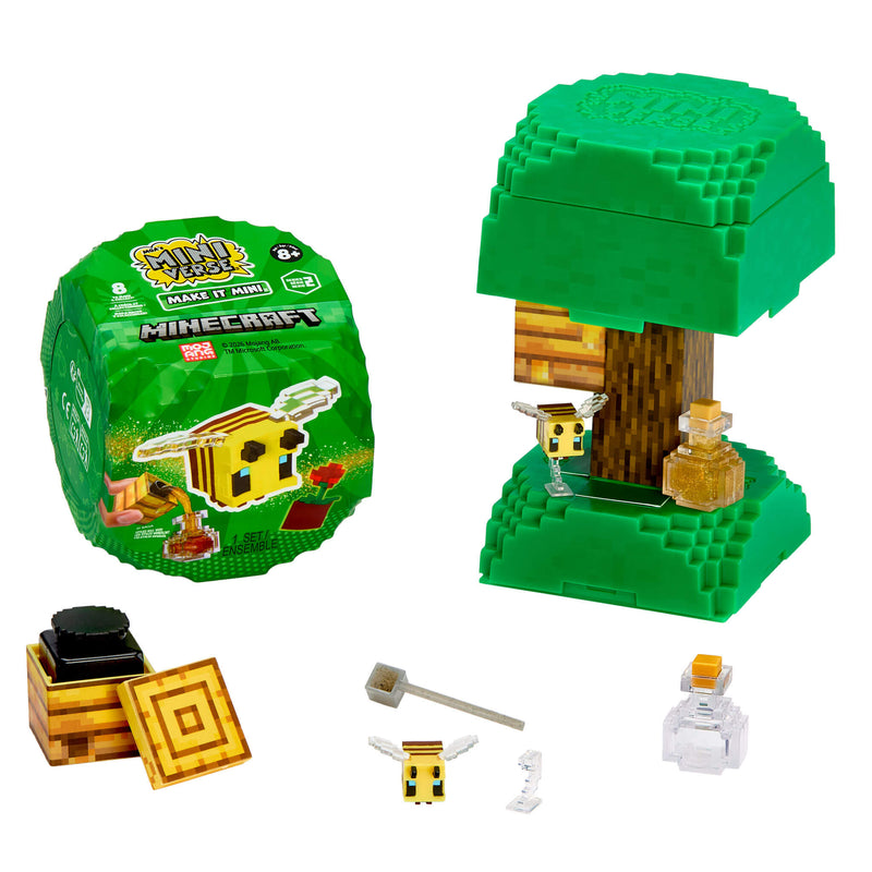 Minecraft-themed building set with a green treehouse structure, a round branded storage container, a bee figure, a small clear bottle, and other accessories on a white background.