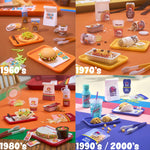 A four-panel collage showing Taco Bell meals and packaging styled by decade: top-left 1960’s, top-right 1970’s, bottom-left 1980’s, bottom-right 1990’s / 2000’s.