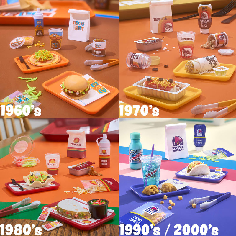 A four-panel collage showing Taco Bell meals and packaging styled by decade: top-left 1960’s, top-right 1970’s, bottom-left 1980’s, bottom-right 1990’s / 2000’s.