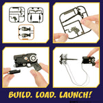 A collage showing a small black handheld toy with a curved blade-like accessory on a cord, held in a human hand, plus close-up views of the item and its parts on a blue grid background. With text ‘BUILD. LOAD. LAUNCH’