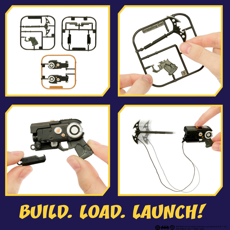 A collage showing a small black handheld toy with a curved blade-like accessory on a cord, held in a human hand, plus close-up views of the item and its parts on a blue grid background. With text ‘BUILD. LOAD. LAUNCH’