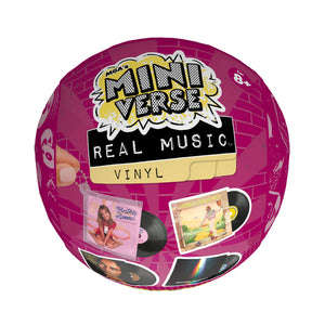Round packaging for 'Mini Verse Real Music Vinyl' with colorful design and text.