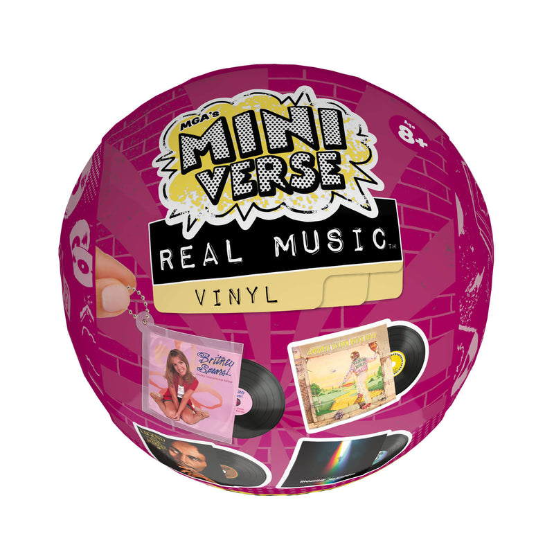 Round packaging for 'Mini Verse Real Music Vinyl' with colorful design and text.