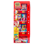 Red toy vending machine with various snack packages on a white background