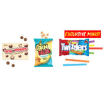 Assorted candy packages including Whoppers, Corn Nuts, and Twizzlers on a white background.