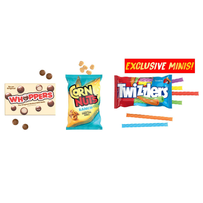 Assorted candy packages including Whoppers, Corn Nuts, and Twizzlers on a white background.