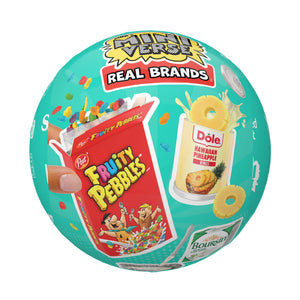 Round container with Fruity Pebbles and Dole Pineapple branding on a white background