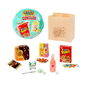 Round packaging ball with Fruity Pebbles and Dole Pineapple branding -in front is various small items - Meow Mix - Fruity Pebbles - Ice cream bars- a drink and a shopping bag with 'HAVE A NICE DAY'