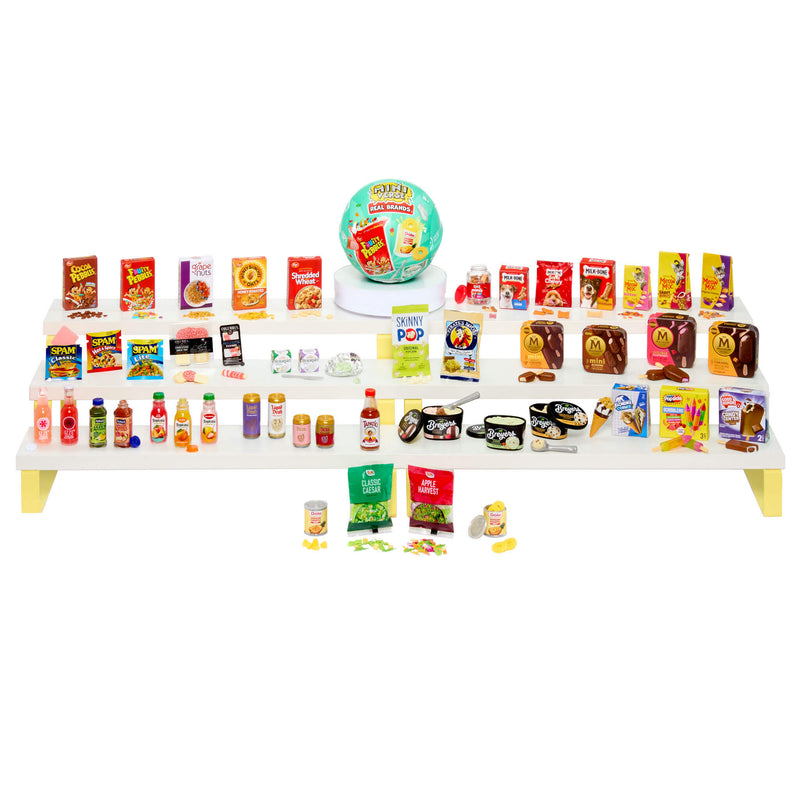 Variety of mini grocery and pet items on a three tier white shelf with yellow legs.