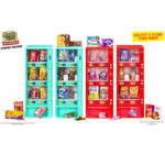 Four vending machines, two teal and two red with food and pet food inside them. Miniverse Real Brans Vending Machine label on left upper side, with a yellow streak in red letters on the right side ‘COLLECT & STORE YOUR MINIS!’