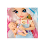 Close up of doll holding baby on a white background