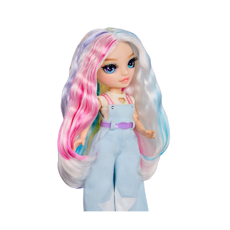 Doll with rainbow hair on a white background