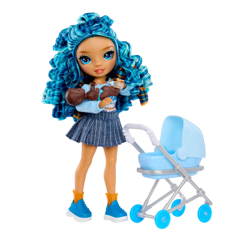 Skyler with dark skin baby and doll stroller on a white background