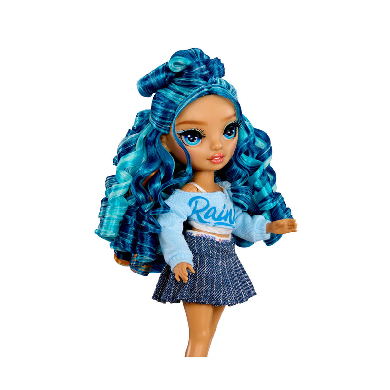 Doll with blue hair white background