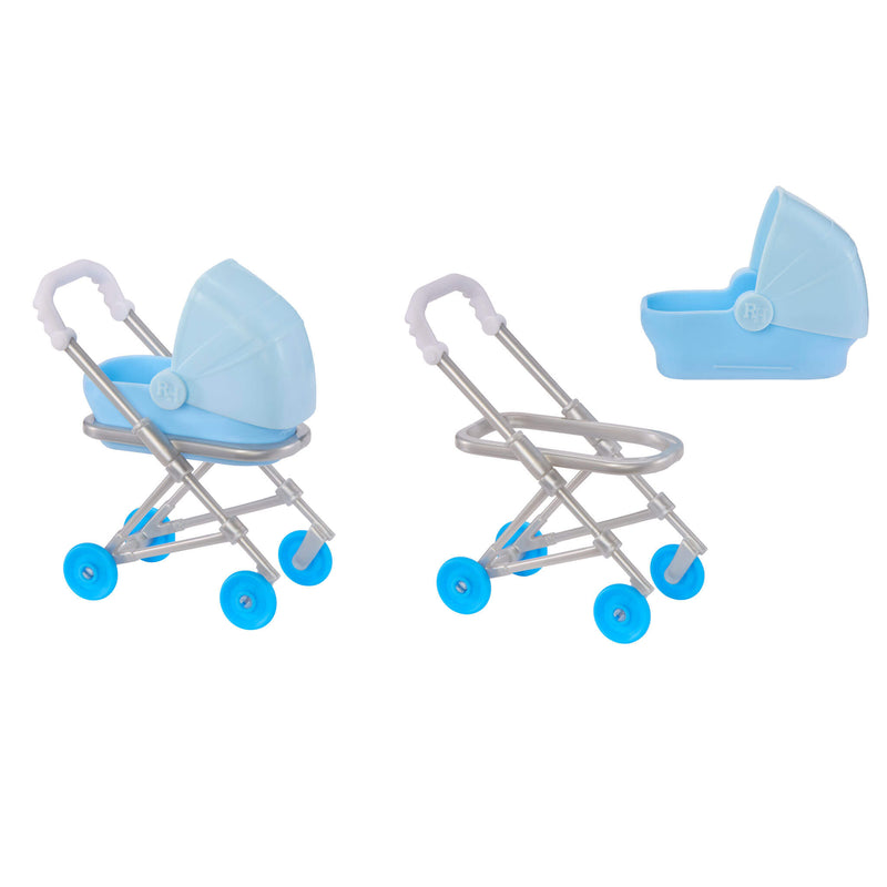 Blue Baby stroller with bed in and off base on a white background