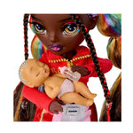 Close up of doll holding baby on a white background