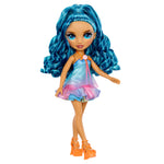 Doll with blue hair, blue and pink dress and orange high heels on a white background