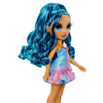 Skyler with blue hair on a white background