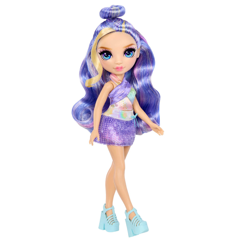 Doll with purple hair, purple skirt, blue high heels on a white background