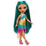 Doll has a shimmer top, chiffon shirt and fuchsia heels on a white background