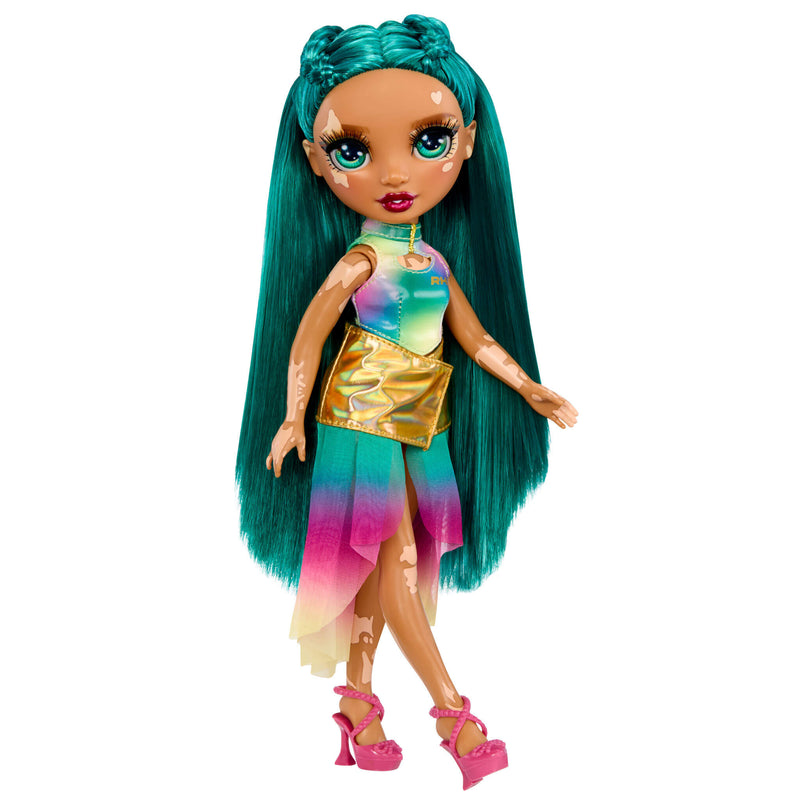 Doll has a shimmer top, chiffon shirt and fuchsia heels on a white background