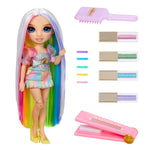 Toy doll with colorful hair and hair styling tools on a white background
