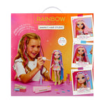Rainbow High Amaya's Hair Studio toy set packaging with doll and accessories on a pink background
