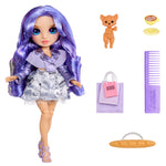 Doll with purple hair and outfit, accompanied by a small dog, bag, and comb on a white background