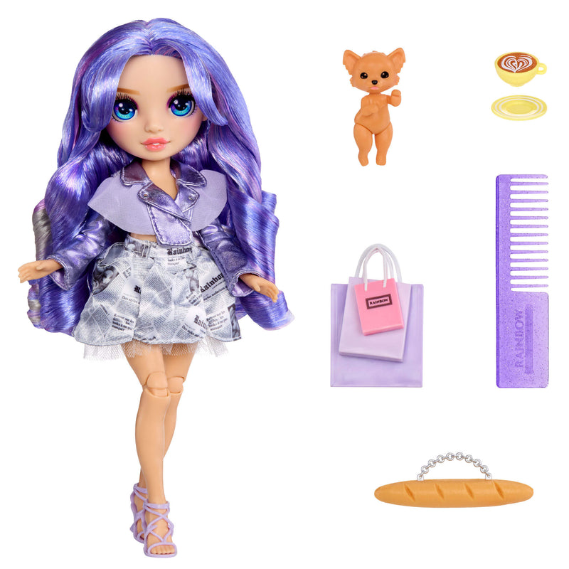 Doll with purple hair and outfit, accompanied by a small dog, bag, and comb on a white background