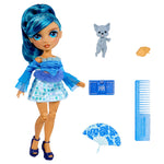 Doll with blue hair and outfit, accompanied by a small gray dog, a fan, a comb, and a wallet on a white background.