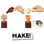 A collage-style instructional graphic on a white background showing hands making a vanilla ice cream cone: one hand drizzles chocolate syrup over a vanilla ice cream cone, another holds a scoop of vanilla ice cream, a vanilla ice cream cone stands on a pedestal, a tub of vanilla bean ice cream is shown, and the word 'MAKE!' appears at the bottom.