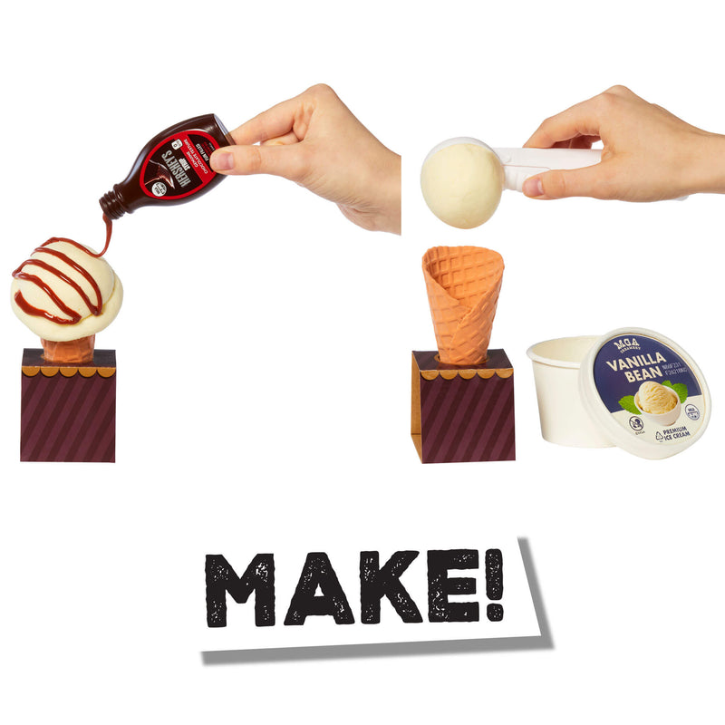A collage-style instructional graphic on a white background showing hands making a vanilla ice cream cone: one hand drizzles chocolate syrup over a vanilla ice cream cone, another holds a scoop of vanilla ice cream, a vanilla ice cream cone stands on a pedestal, a tub of vanilla bean ice cream is shown, and the word 'MAKE!' appears at the bottom.