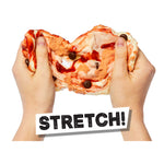 Two hands stretching slime made to look like an ice cream cone with dark syrup and chocolate chips, with a white sticker overlay that says 'STRETCH!'.