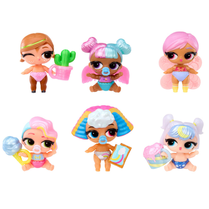 All six LOL Surprise Bubbly Surprise Baby Sisters with pastel colors, before color change on what background