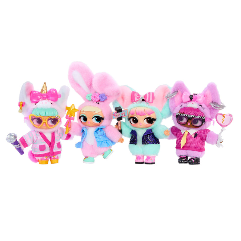 Four colorful dolls with ears and various outfits on a white background