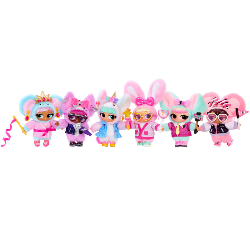 Six colorful dolls with ears on a white background