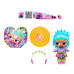 Doll with blue spiked hair, record and ear phones on a white background