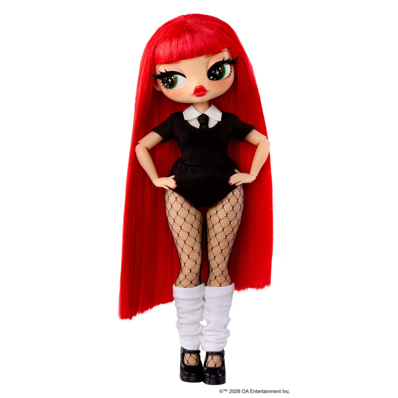 Doll with long red hair has hands on hips on a white background
