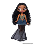 Doll standing straight on, with long curly black hair, butterfly top, denim skirt with sheer lining to the ground, white boots on a white back ground.