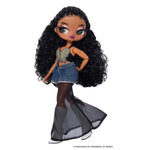 Doll posing with left hand on hip, turned to the left on a white background.